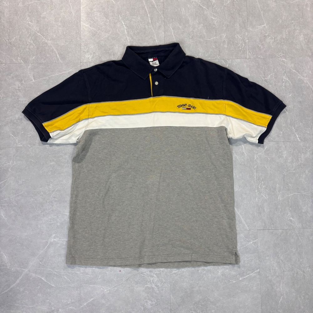 Tommy Jeans Mens Colorblock Polo Shirt Navy Yellow Grey Large Vintage Style